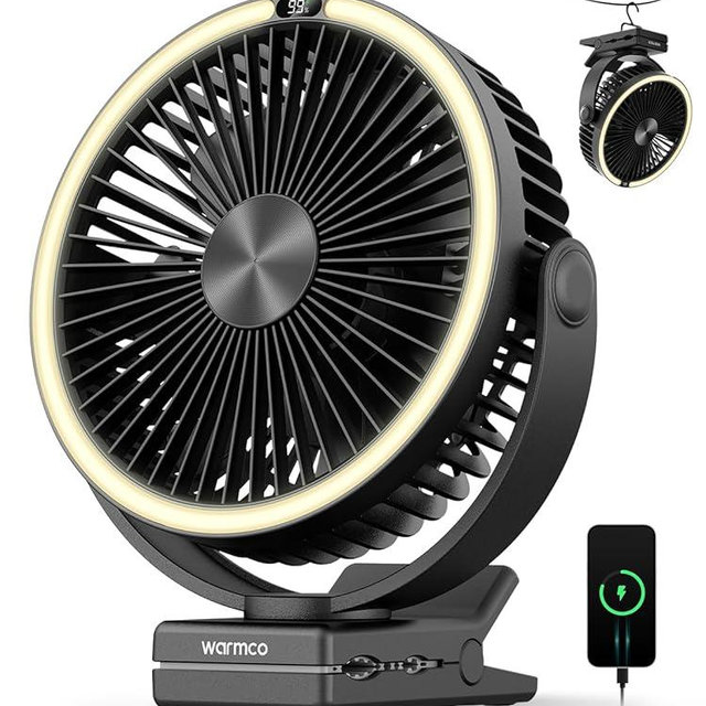 Warmco 15000mAh Portable Clip on Fan Rechargeable, 8 Inch Battery Powered Desk Fan, LED Lantern & Hook, 360° Rotate & 4 Speeds Strong Airflow for Camping Tent Office Outdoor Travel Golf Cart