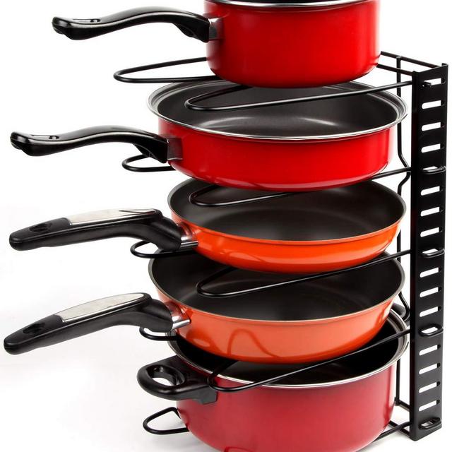 Height Adjustable Pan Organizer Rack, VDOMUS Pan and Pot Lid Holder Black Metal (Black)