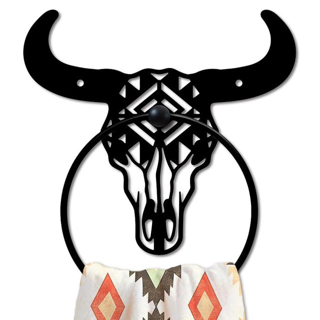 MAYJOYDIY Bull Skull Metal Towel Ring Western Cow Skull Towel Holder Country Western Style Wall Decor Towel Hanger Black Art Towel Rack Wall Mounted for Bathroom Kitchen Home Decors Gift