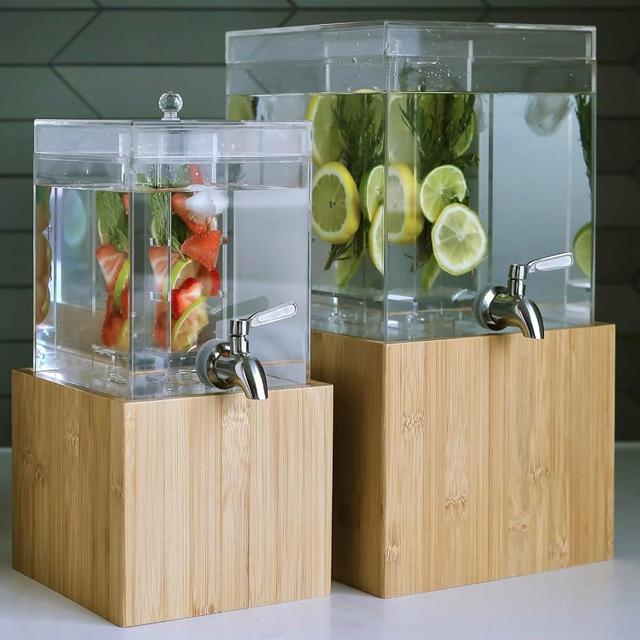 CHIC SIP 2 Pack Acrylic Beverage Dispenser with Fruit & Herb Infuser (1 & 2 Gallon) | Crystal Clear, Food Grade Acrylic Dispenser with Natural Bamboo Base - Drink Dispensers for Parties & Everyday Use
