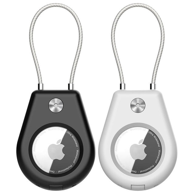 SkyArmor AirTag Secure Holder with Wire Cable, 2 Pack Air Tag Keychain Holders for Key Ring, Keys, Luggage, Backpack, Sturdy Protection Airtag Key Chain Lock Case – Black/White