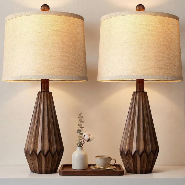 Hamucd Set of 2 Modern Farmhouse Lamp for Living Room, Rustic Resin Beside Table Lamps with Linen Shade, Vintage Lamps for Nightstands Bedroom Entryway Decor