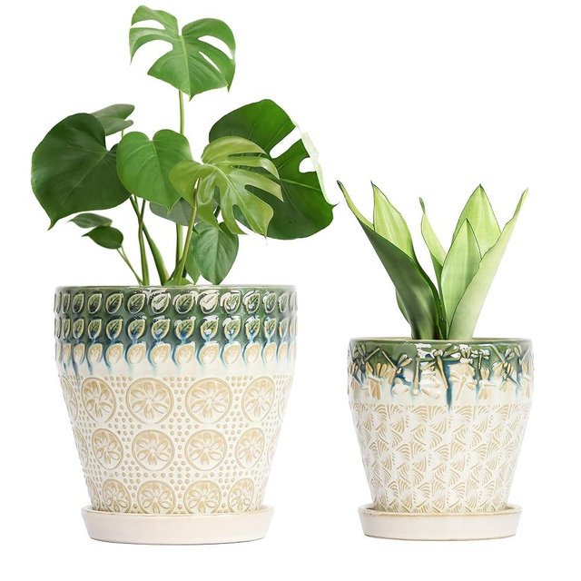 YFFSRJDJ Ceramic Planter Pots for Indoor Plants, 8Inch + 6 Inch Plant Pot with Drainage Holes, Saucers and Mesh Pads, Succulent Orchid Flower Pot -Set of 2