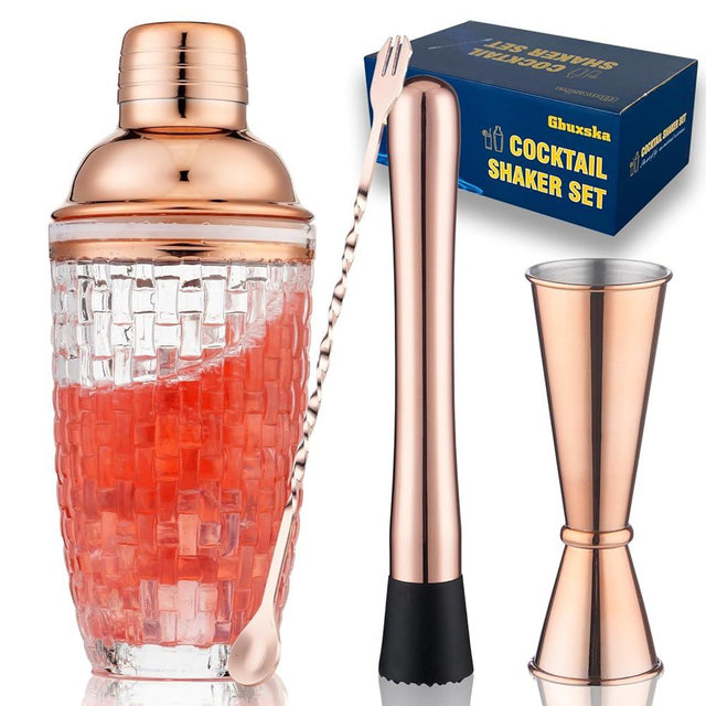 Gbuxska Cocktail Shaker Set - Glass Mixed Drink Shakers Cocktail Set, Martini Shaker with Strainer for Bars, Whiskey, Cocktails (Rose Gold Set)