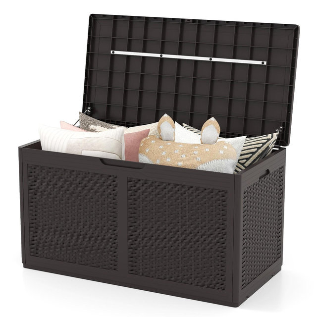 Costway 100 Gal Outdoor Storage Box Lockable Patio Bin & Bench for Gardening Tools Brown