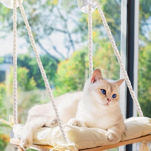 Cat Window Perch - Cat Hammock for Window - Solid Wood Seat & Strong Suction Cups - Cat Window Bed & Furniture for Cats Inside - Hanging Window Shelf for Small Medium Indoor Cats