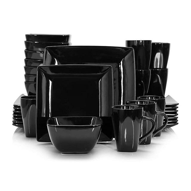 vancasso, Series SOHO, Porcelain Square Dinner Set Black 32-Piece Kitchen Dinnerware Service Plate Ceramic Crockery Set with Dinner Plates, Dessert Plate,Bowls and Mugs, Service for 8