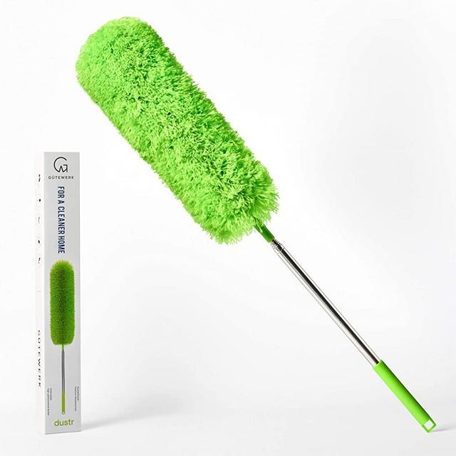 GÜTEWERK DUSTR - up to 100 in - extendable Feather Duster - Telescopic Retractable Pole Handle Magic electrostatic Microfiber Bendable Head telescoping Fan Wall Washable dusters for Cleaning