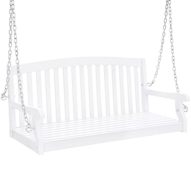 Best Choice Products 48-inch 3-Seater Wooden Curved Back Hanging Porch Swing Bench Conversation Furniture w/Metal Chains for Backyard, Front Yard, Patio, Deck, Garden, White
