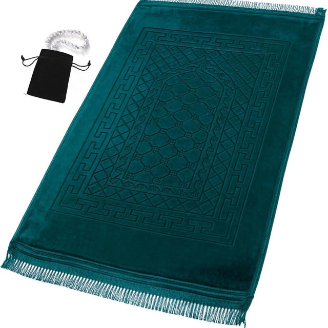 Prayer Rug Muslim Mat Islamic - Thick Prayer Rug Sajadah for Kids Men Women with Islam Prayer Beads for Eid Travel Ramadan, Soft and Luxury (Royal Green)