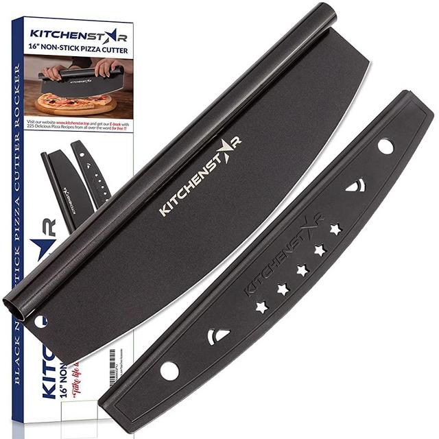 16” Black Non-Stick Pizza Cutter by Kitchenstar | Sharp Stainless Steel Slicer Knife - Rocker Style w Blade Cover | Chop and Slices Perfect Portions + Dishwasher Safe – Premium Pizza Oven Accessories