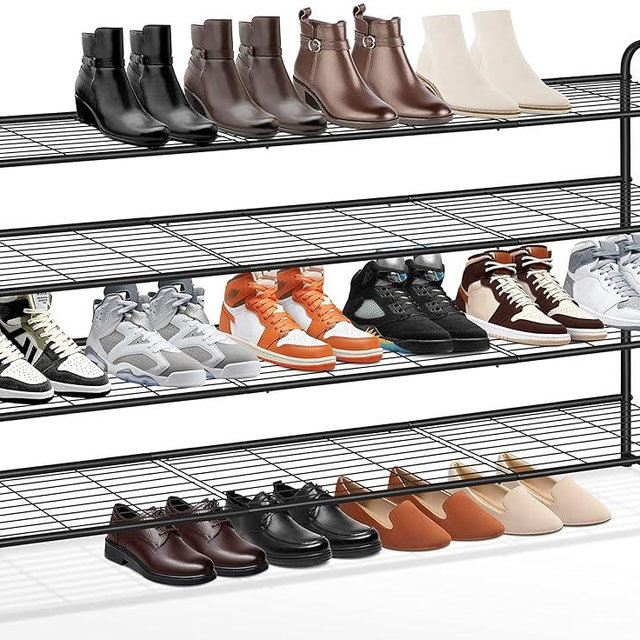 KEETDY 4-Tier Long Shoe Rack for Closet, Wide Shoe Organizer for Closet Floor Storage, Stackable Shoe Rack for Entryway Metal Shoe Shelf for 30 Pairs Men Sneakers with Wire Grid for Bedroom, Black