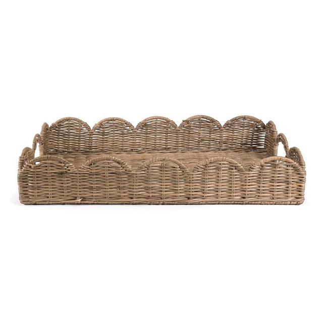 happimess TRY1000A Scalloped 21.5" Southwestern Cottage Hand-Woven Rattan Tray with Handles for Storage,Decoration, Display, Coffee Table or Serving Food, Natural