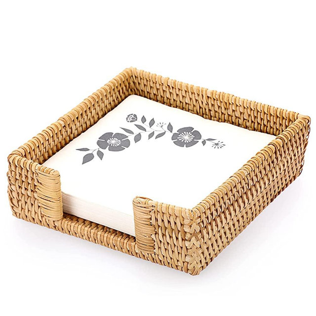 Sumnacon 7.4 Inch Rattan Napkin Holder - Vintage Square Luncheon Cocktail Napkin Holder, Decorative Guest Towel Holder for Dining Table Countertop Kitchen Restaurant Office Holtel Room, Honey Brown