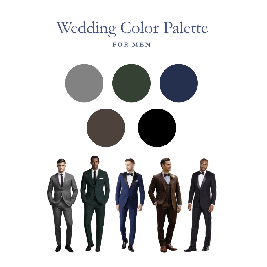 Black tie is kindly requested, however well-tailored suits in the provided color palette are also welcome. Ties or bowties should match this palette as well. Included are examples of what to wear.