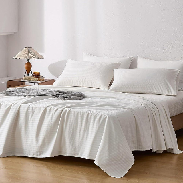 JELLYMONI Striped Sheets Set King Size, 4 Pieces 100% Cotton Bed Sheets - 16" Deep Pockets Fitted Flat Sheet & Pillowcase Bedding Set, Ultra-Soft, Machine Washable