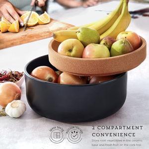 Kamenstein Ceramic and Cork Large Breathable Produce Bowl with Lid to Naturally Extend Produce Freshness, Natural Cork and Black Ceramic