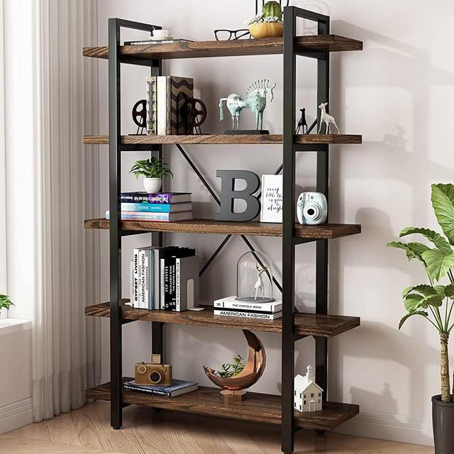 5-Tier Industrial Style Solid Wood Bookcase and Book Shelves,Rustic Wood and Metal Shelving Unit， Living Room ,Modern Rustic Open Industrial Book Shelf Office,Distressed Brown (AY-02-5Tier)