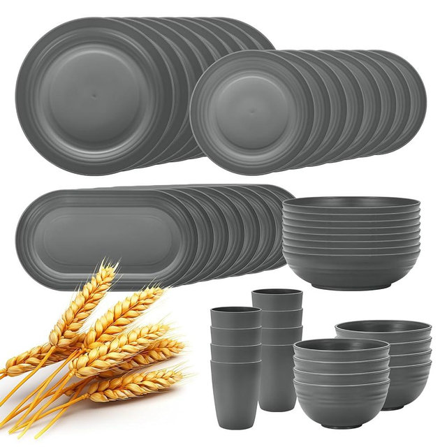 Lazycorner 48-Pcs Kitchen Wheat Straw Dinnerware Set, Service for 8, Plastic Reuasble Dinner Dishes Serving Plate Set for Kitchen, Including Dinner Plate, Dessert Plates, Bowl, Cup(Grey)