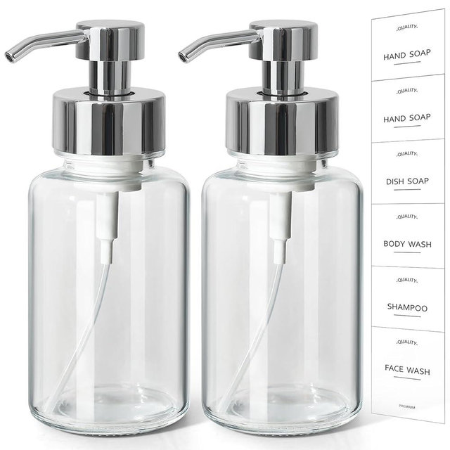 RACOBOT Foaming Soap Dispenser, 14.1 oz/400ml Foaming Hand Soap Dispenser, 2 Pack Glass Foaming Dispenser for Bathroom & Kitchen, Clear Refillable Liquid Dispenser Bottle with Waterproof Labels