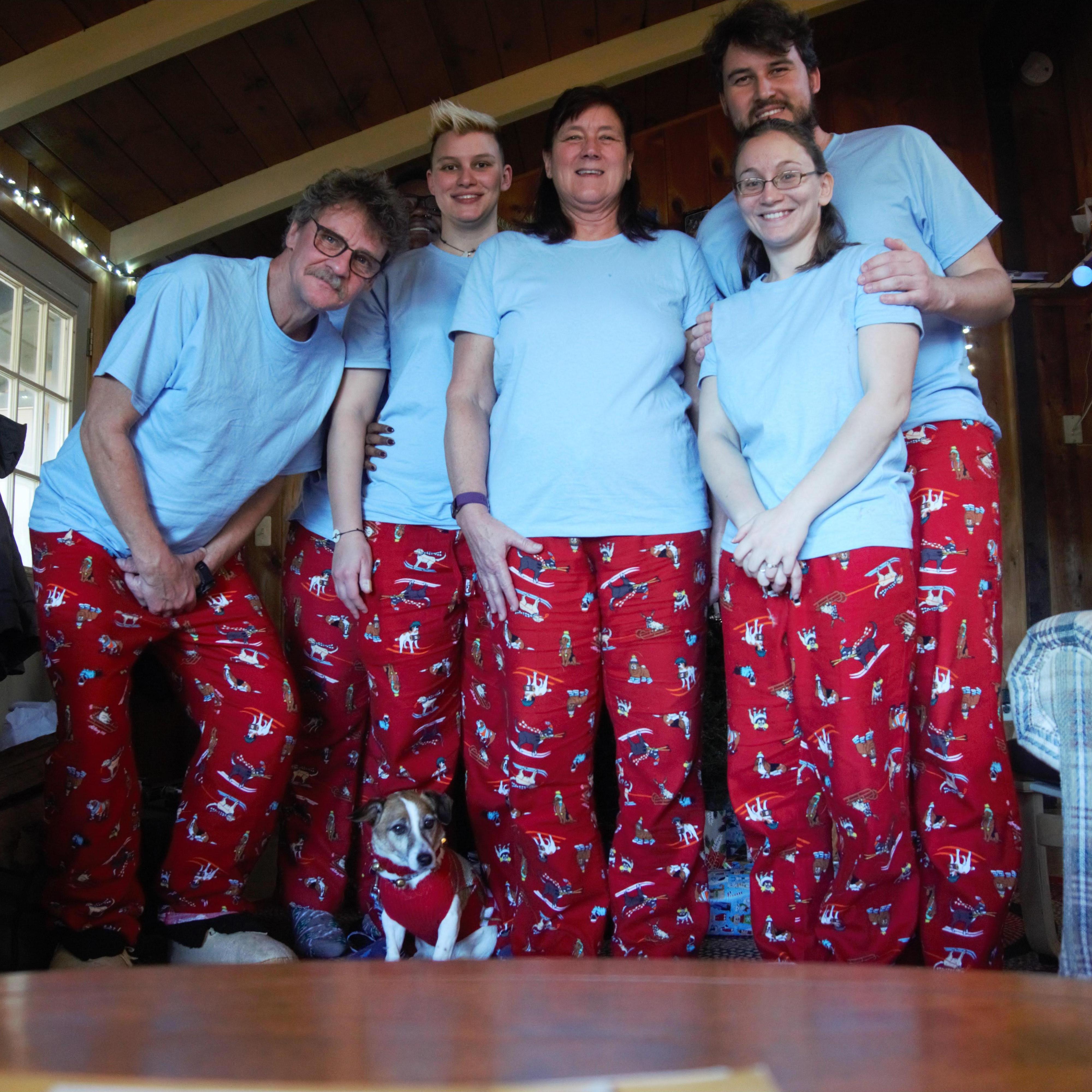 Here we are with Max's Mom, Dad, sister Amelia, and dog Lily celebrating our first Christmas together in 2018 at Max's parents cabin in NH. Or course, as is tradition, we all got matching pajamas!