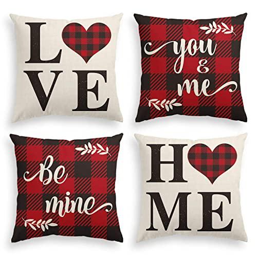 AVOIN Valentine's Day Saying Buffalo Plaid Throw Pillow Cover, 20 x 20 Inch Holiday Anniversary Wedding Cushion Case for Sofa Couch Set of 4