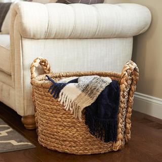 Handwoven Water Hyacinth Storage Basket with Braided Handle