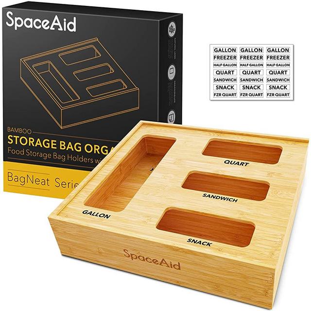 SpaceAid Ziplock Bag Storage Organizer for Kitchen Drawer, Bamboo Baggie Holder, Compatible with Ziploc, Solimo, Glad, Hefty for Gallon, Quart, Sandwich and Snack Variety Size Bags (1 Box 4 Slots)