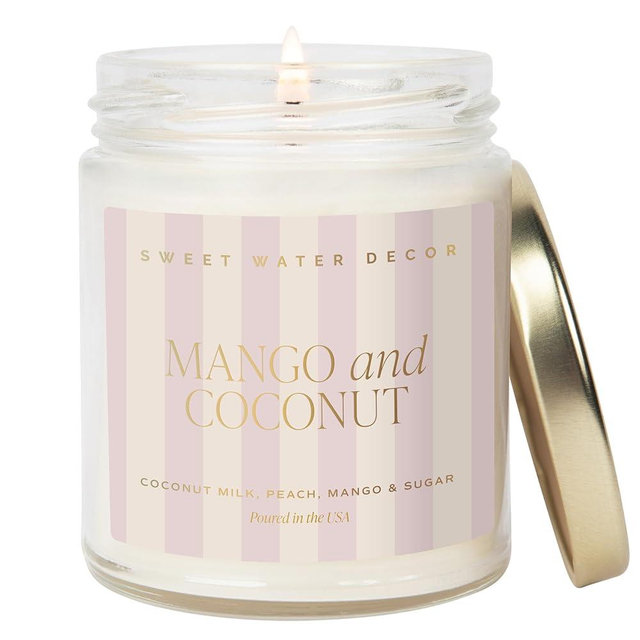 Sweet Water Decor Mango and Coconut Patterned Candle – Soy Candles with Pineapple, Mango, Orange, Peach – 40 Hour Burn – 9oz Clear Glass Jar – Ideal for Valentines Presents or Any Special Occasion