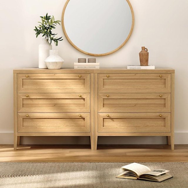 EYYTHUNG 3 Drawer Dresser Set of 2 for Bedroom, Modern Chest of Drawers with Golden Handles, Wood Tall Nightstand, Storage Dresser Cabinet Side Table for Living Room, Hallway, Natural Oak