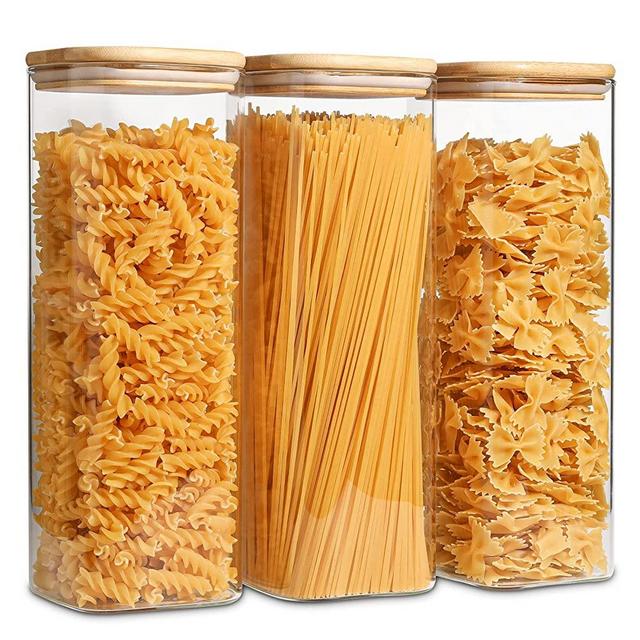 ComSaf Airtight Glass Storage Canister with Wood Lid (50oz), Clear Food Storage Container Jar with Sealing Bamboo Lid for Noodles Flour Cereal Rice
