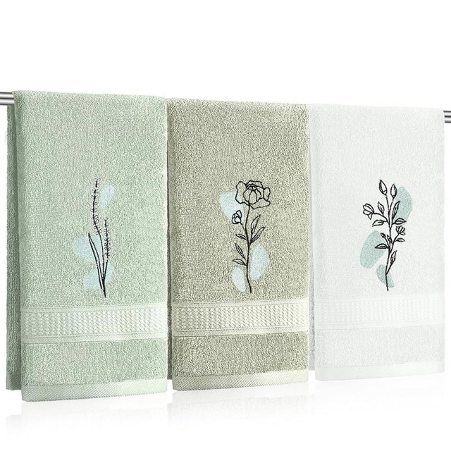 Tingjoo Abstract Botanical Hand Towels Boho Sage Green Botanical Bathroom Decor 14x29 Inch Embroidered Decorative Cute Summer Flowers Cotton Soft Absorbent Hand Towels for Bathroom Kitchen