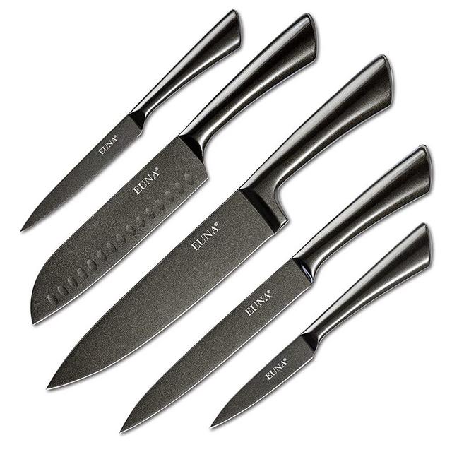 EUNA 5 PCS Kitchen Knife Sets Professional Sharp Chef's Knives Set With Cover&Gift Box Durable Cooking Boxed Set of Carbon Steel Kitchen Knives With Integrated Handle&Non-Stick Coating For Slicing