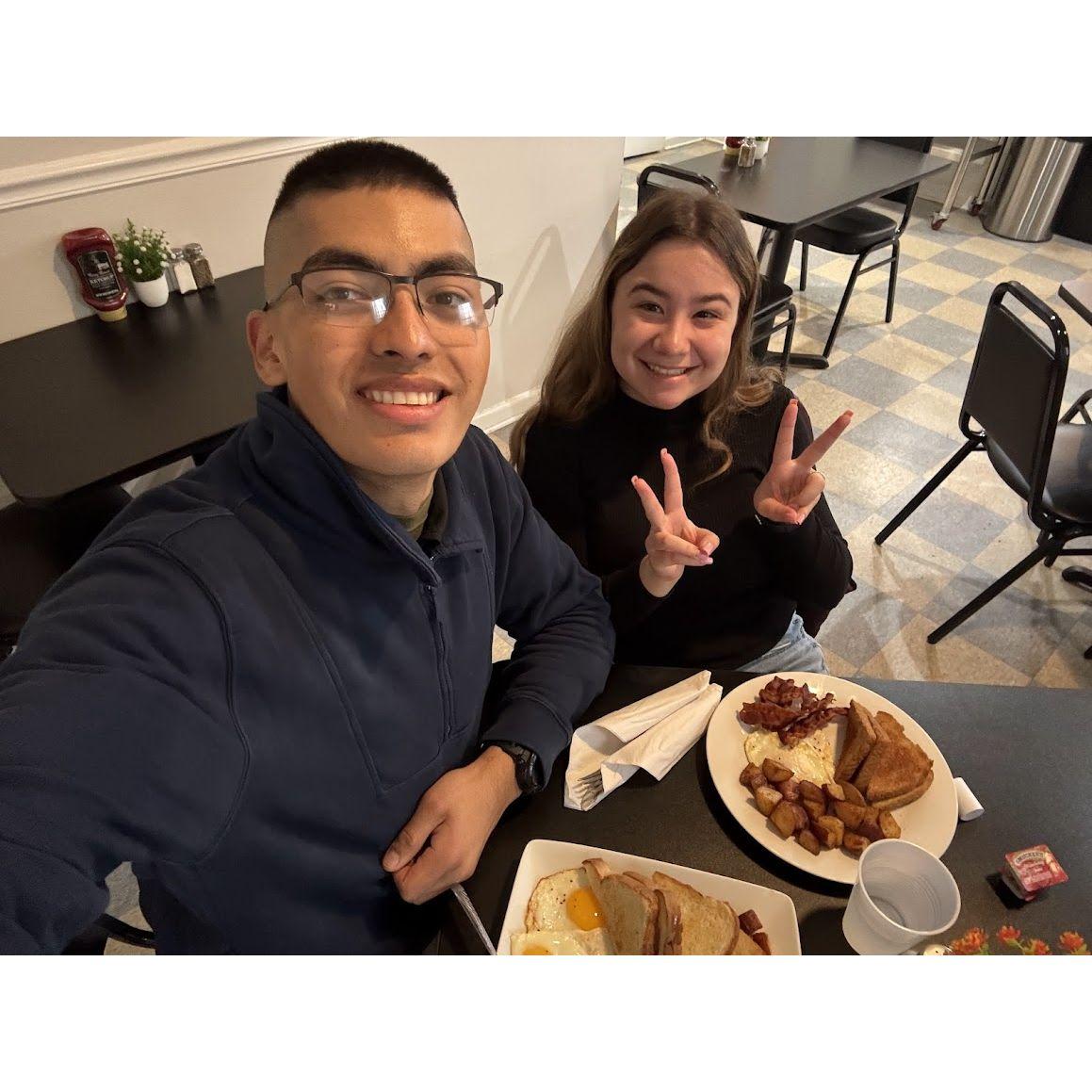 Eating breakfast together halfway through Ylia's time at OCS - first time seeing each other after long distance started.