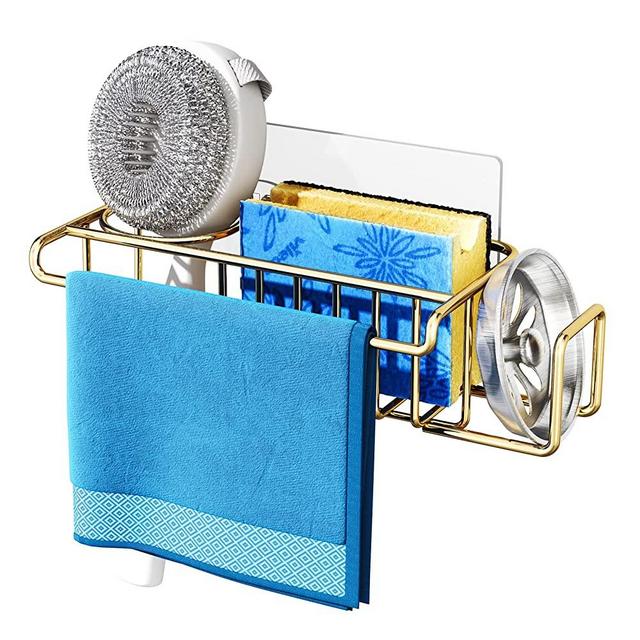 HapiRm Sponge Holder for Kitchen Sink, Two Installation Methods Sink Caddy Kitchen Sink Organizer, Rustproof and Waterproof Sink Sponge Holder-Gold(8.46 * 3.54 * 2.36in)