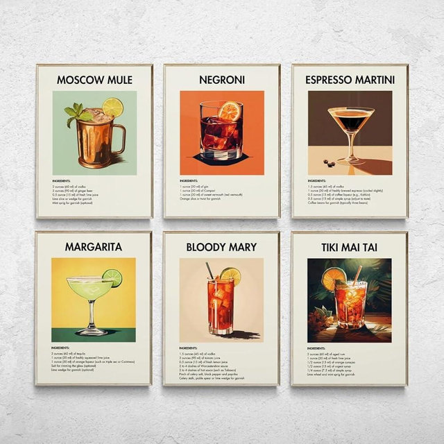 Retro Cocktail Art Posters - Cute & Aesthetic Wall Decor Prints for Dorm, Kitchen, and Room - Stylish Alcohol Pictures – Iconic Drink Designs for Modern Bar and Home Decor - Set of 6, 8x10 Inches UNFRAMED