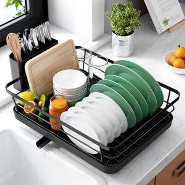 Kitsure Dish Drying Rack for Kitchen Counter, Stainless Steel Sink Organization and Storage Essentials with Cutlery Holder, Home and Appartment Decor, 12''W x 15.5''L, Black