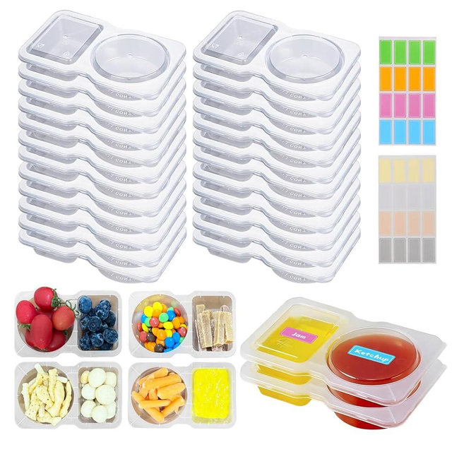 CJT 24SETS Double Compartment Condiment Containers with Lids - Reusable Plastic Snack Container for Take-out Sauces,to-go Sauce, Sampling, Travel Snack