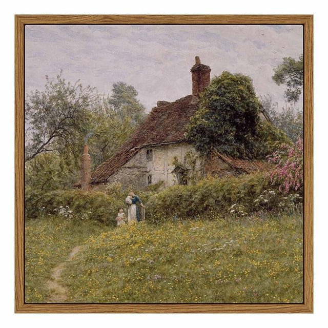 InSimSea Square Framed Canvas Wall Art, Vintage Landscape Prints Old Cottages Countryside Landscape Canvas Wall Art, Rustic Farmhouse Wall Decor for Bedroom Living Room Bathroom 10"x10"