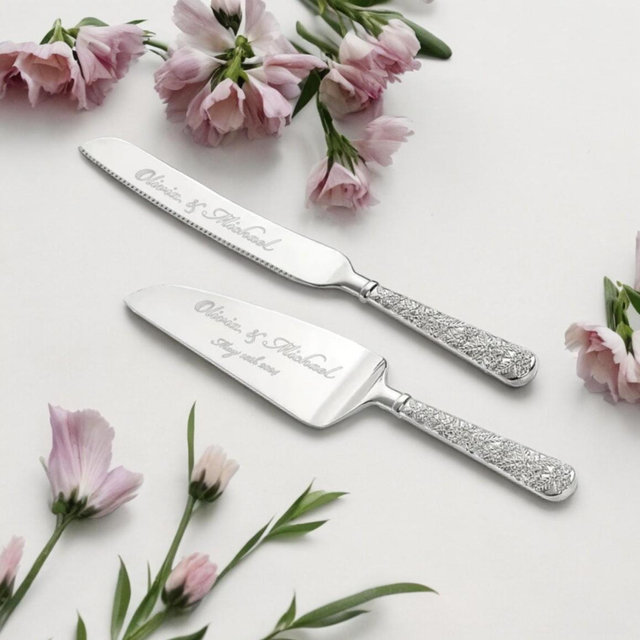 Personalized Wedding CAKE CUTTING SET- Silver Serving Cutter Knife Server Minimalist Rustic Vintage Classic Engagement Custom Engraved