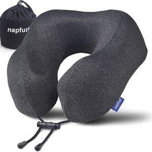 napfun Neck Pillow for Traveling, Upgraded Travel Neck Pillow for Airplane 100% Pure Memory Foam Travel Pillow for Flight Headrest Sleep, Portable Plane Accessories, Simple Sets (Optional), Full Black