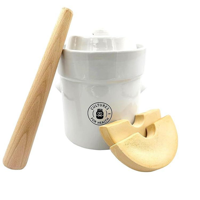 Cultures For Health Fermentation Crock | Premium Stoneware for Sauerkraut | Kimchi | 3L Easy Fermenter with Weights, Lid, Airlock System | Probiotic Rich, Healthy Home Food Preservation