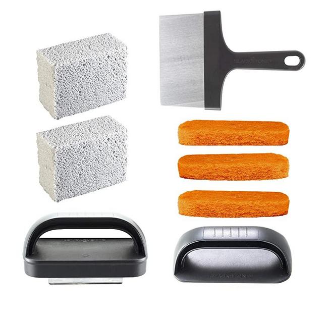 Blackstone 5060 Grill & Griddle Kit 8 Pieces Premium Flat Top Grill Accessories Cleaner Tool Set-1 Stainless Steel 6" Scraper, 3 Scouring Pads, 2 Cleaning Bricks, and 1 Handle, Black