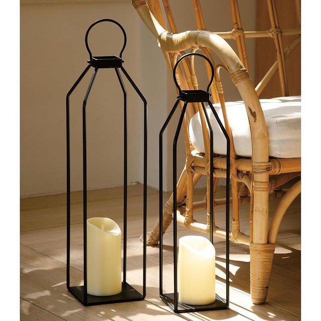 Perfnique Modern Farmhouse Christmas Lantern Decor, 19.7'' 22'' Set of 2 Black Metal Lanterns, 2 LED 6hr Timer Flickering Flameless Candles, Lanterns Decorative for Porch, Patio, Fireplace Mantle