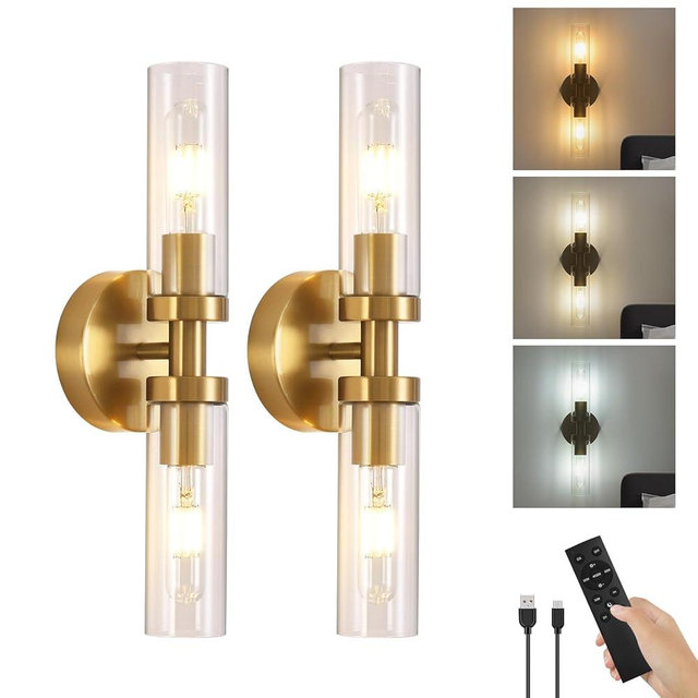 RQKUACOB Battery Operated Wall Sconces Set of 2, 330° Rotation 3000K-6000K Dimmable Wireless Wall Sconce with Clear Glass Gold 10400mAh USB Rechargeable Wall Lights with Remote Bulbs Included 2 Pack
