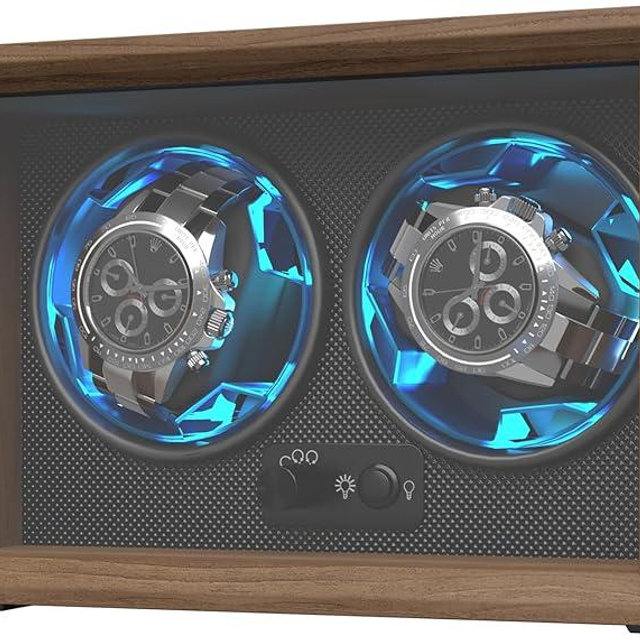CAJESA Watch Winders for Automatic Watches,Double Automatic Watch Winder for Rolex,4 Rotation Mode Setting,Blue Light,Elastic Watch Pillows for Cartier Omega,Gift for Man