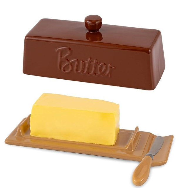TEATALK Ceramic Butter Dish with Lid and Knife - Large Butter Holder, Farmhouse Style, 8-Inch Porcelain Butter Keeper with Scraper Edge,Brown