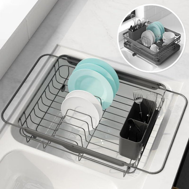 Kitsure Dish Drying Rack in Sink - Dual-Use Dish Rack for Countertops & Sinks, Stainless Steel Dish Rack for Kitchen Counter, Over The Sink Kitchen Drying Rack with a Draindboard, Grey