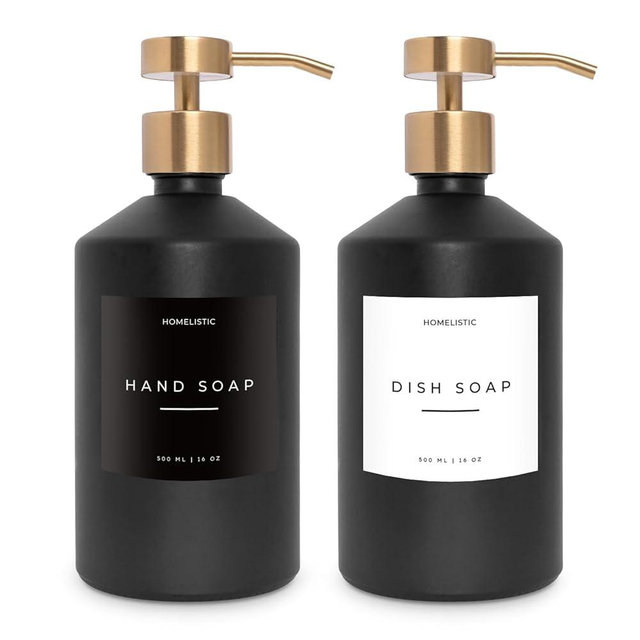 Homelistic Matte Black Glass Soap Dispenser Set with Champagne Gold Pump – 16oz Refillable Kitchen & Bathroom Soap Dispensers (2 Pack) Rust-Resistant Stainless Steel Pumps, 48 Labels