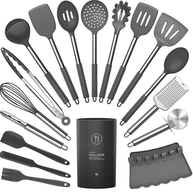 Silicone Cooking Utensils Set - Heat Resistant Kitchen Utensils,Turner Tongs,Spatula,Spoon,Brush,Whisk,Pizza Cutter,Graters.Gadgets.Gray Cooking Utensil for Nonstick Cookware.Dishwasher Safe.